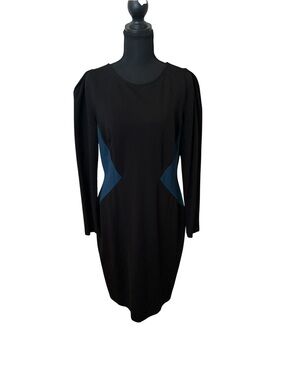 Ann Taylor Black Dress with Teal Side Panels - Long Sleeve Sheath